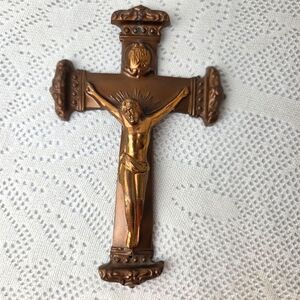 Vintage Copper Metal Crucifix Wall Decor Jesus Rosary Cross